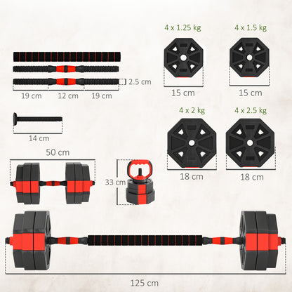 SPORTNOW 4-in-1 Adjustable Weight Dumbbells Set, Used As Kettlebell, Barbell, Dumbbell, Push-Up Stand, 30kg Free Weights Set For Men And Women Home Gym Training, Red
